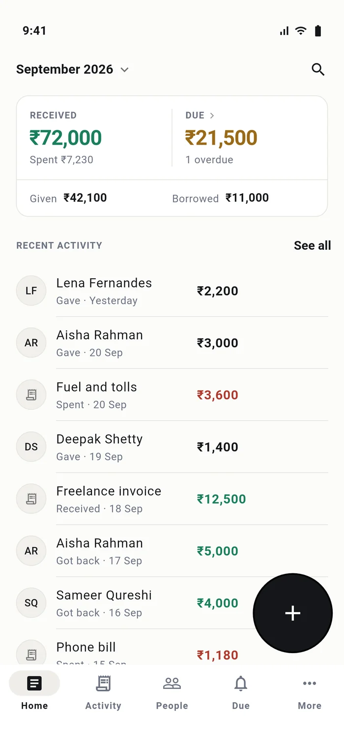 The Sulha home screen for September 2026, showing ₹72,000 received and ₹21,500 due, above a list of recent entries.
