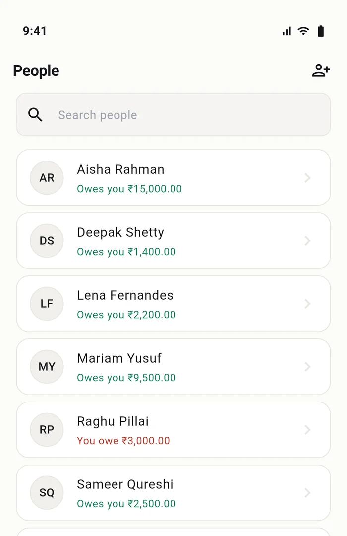 The People screen listing seven people, each with the amount they owe in green or the amount owed to them in red.