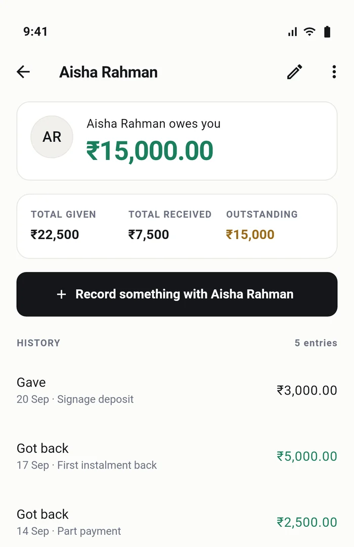Aisha Rahman's page, showing ₹15,000 outstanding, totals given and received, and a history of five entries.