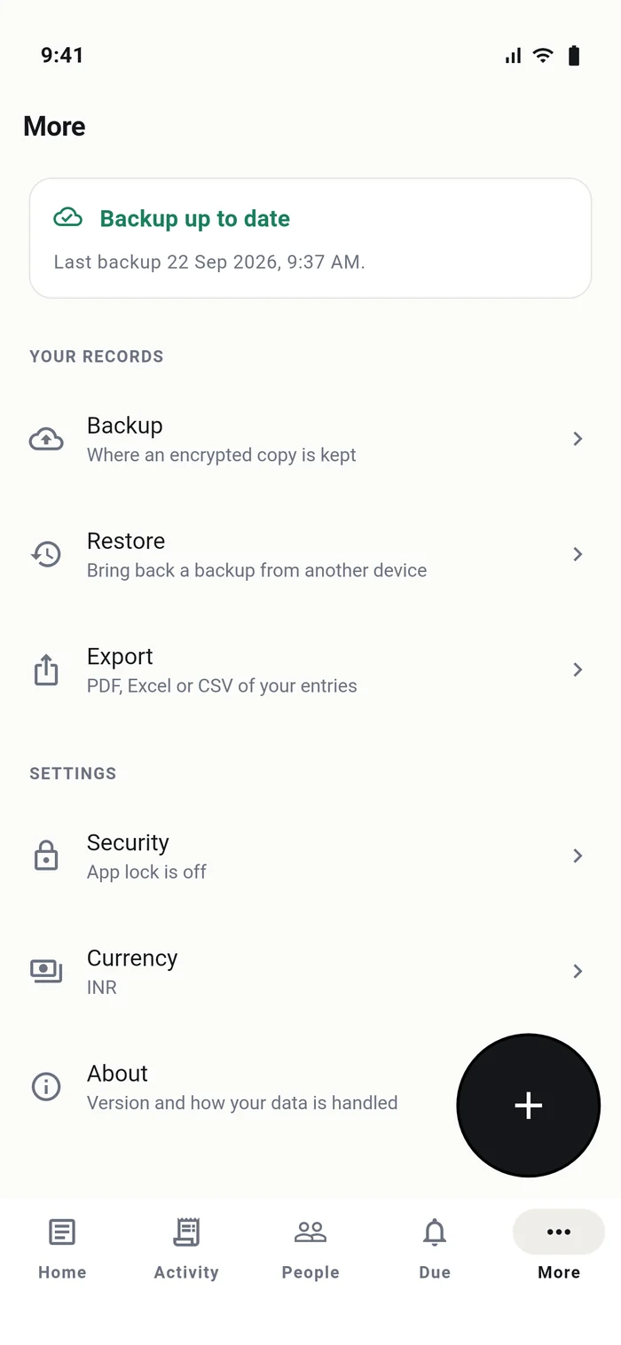 The More screen, listing backup, restore, export, security, currency and about — and nothing to buy.